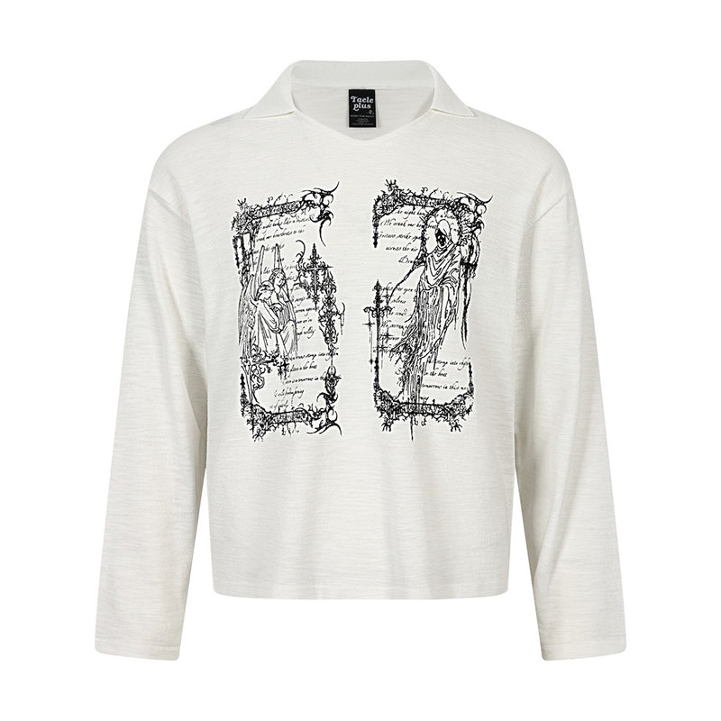 Gothic Angel & Reaper Print Long-Sleeve Polo-Collar Tee
