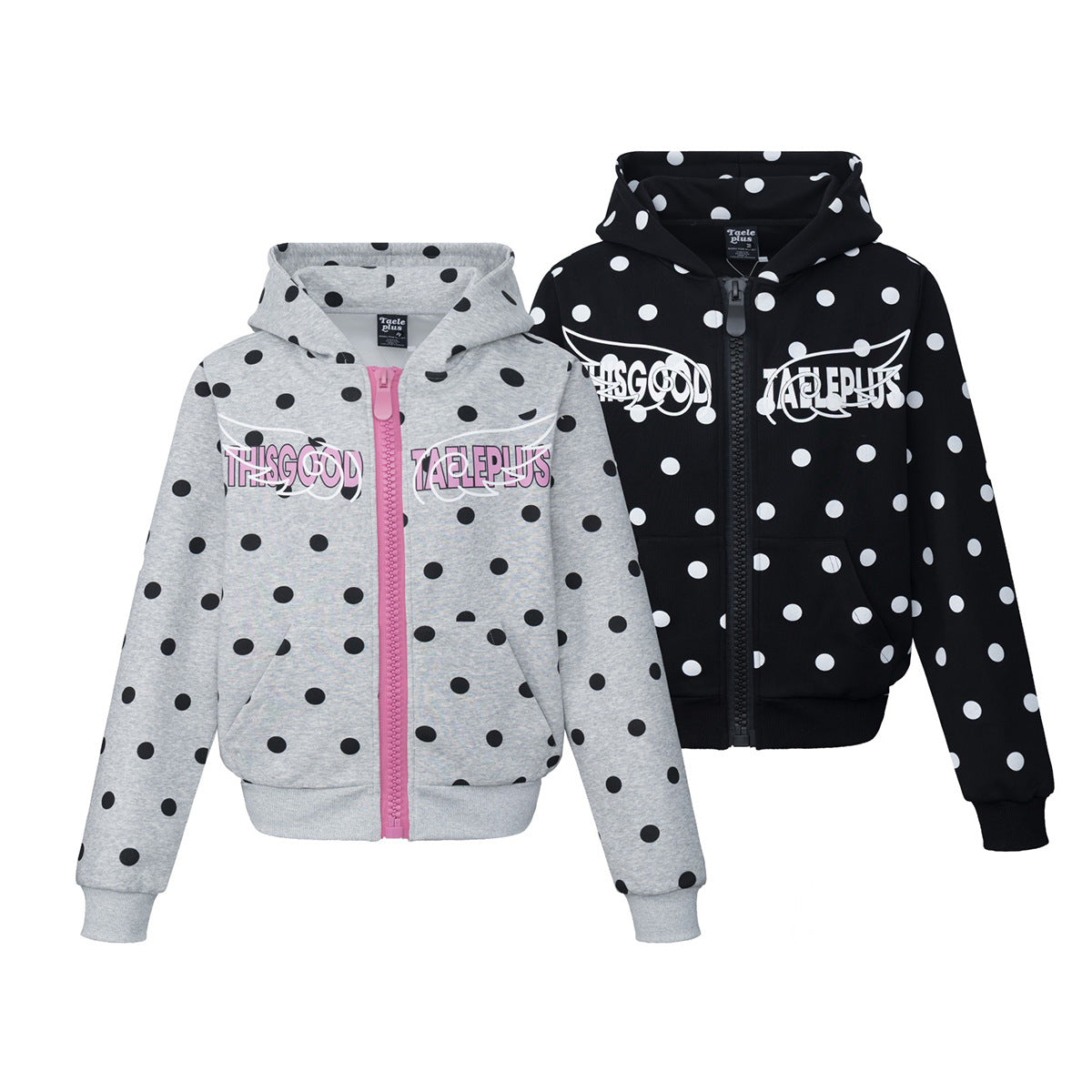 Sweat à capuche zippé à pois avec ailes d’ange et capuche oversize