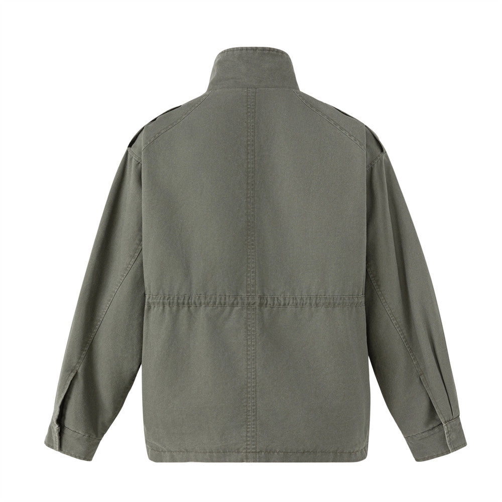 Men's Olive Military Field Jacket – Star Studs, Multi-Pocket, Drawstring Waist