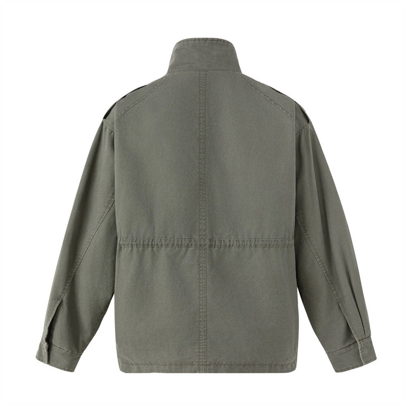 Men's Olive Military Field Jacket – Star Studs, Multi-Pocket, Drawstring Waist