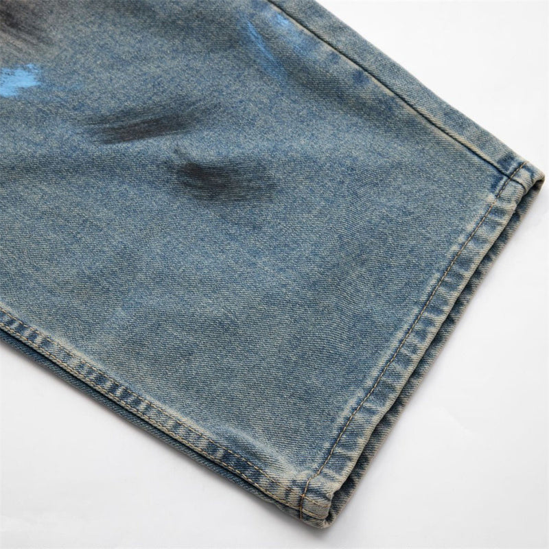 Baggy Jeans with Paint Splatter Patchwork & Distressed Raw-Edge Detail