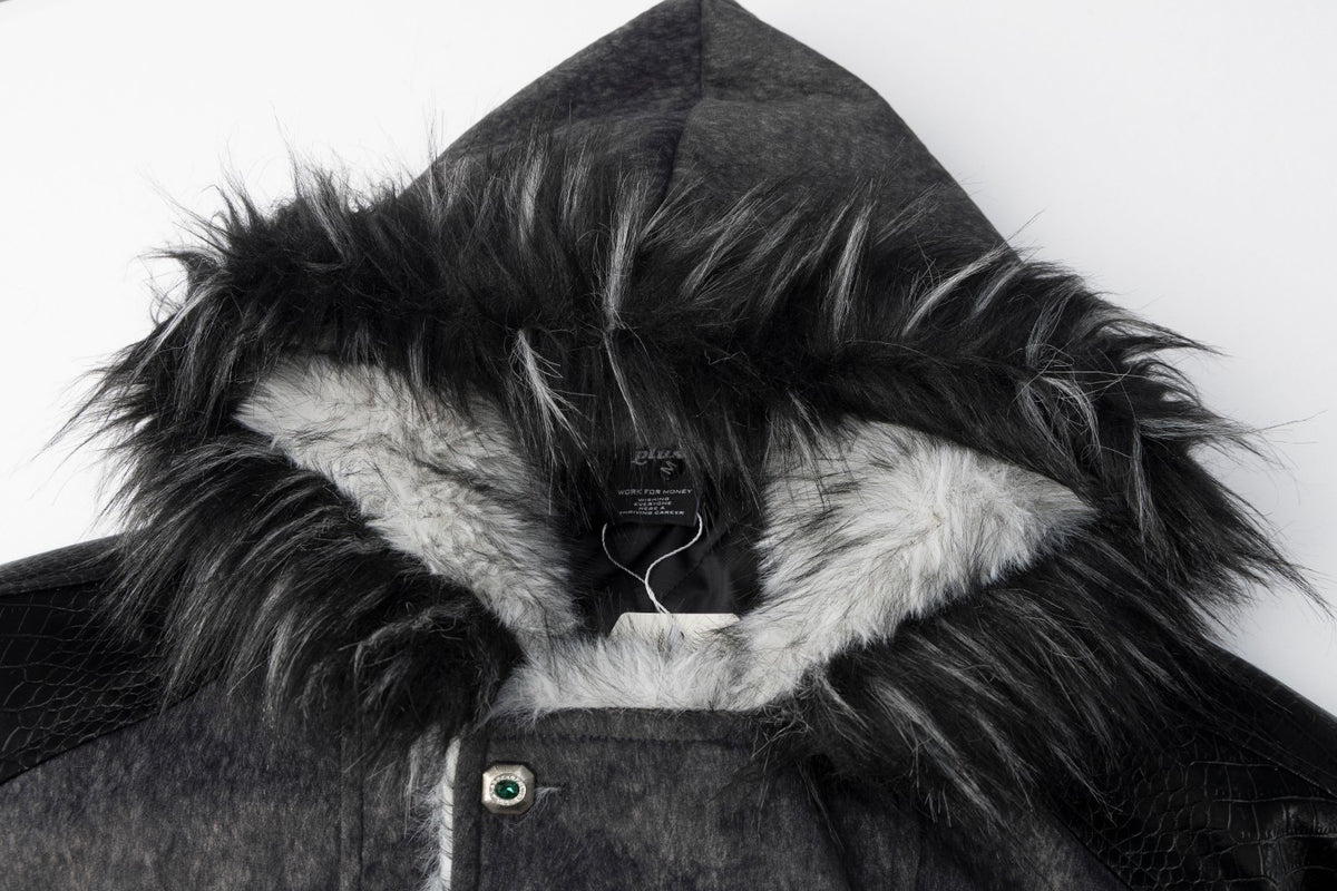 Faux Fur Trim Hooded Bomber Jacket – Textured Fleece with PU Leather Panels
