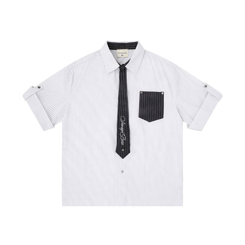 White striped short sleeve button-up shirt with black contrast tie and chest pocket, front view