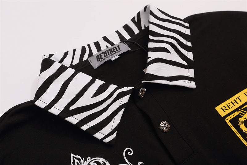 Men's Long Sleeve Polo Shirt with Baroque Cross Print & Zebra Collar