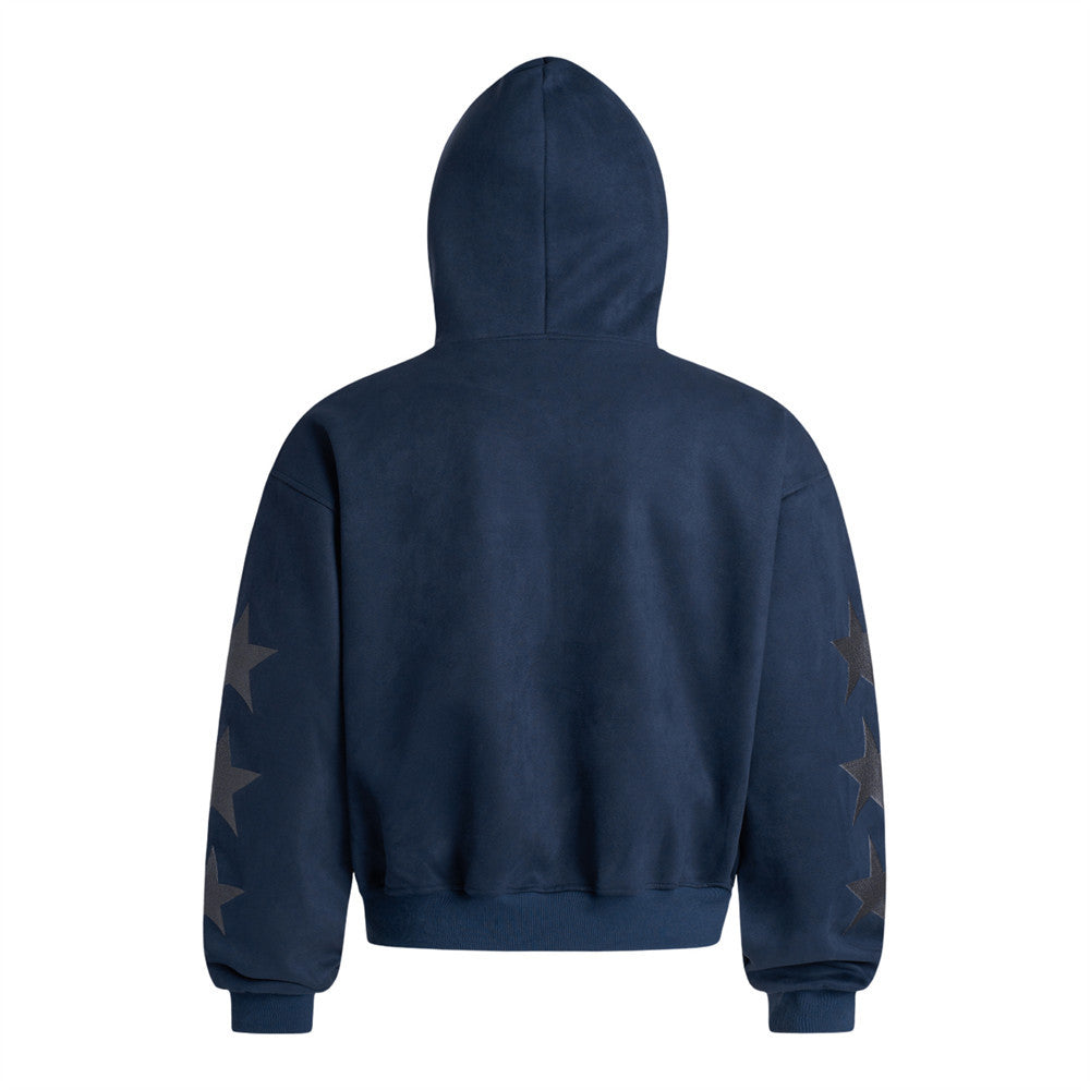 Zip-Up Hoodie with Star Sleeve Detail and Gothic Logo — Oversized Suede-Finish
