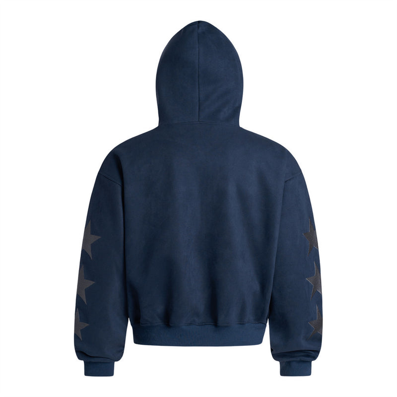 Zip-Up Hoodie with Star Sleeve Detail and Gothic Logo — Oversized Suede-Finish