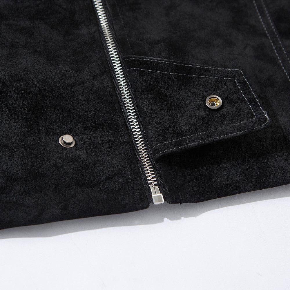 Men's Black Suede-Texture Zip-Up Moto Jacket – Structured Paneling, Stand Collar