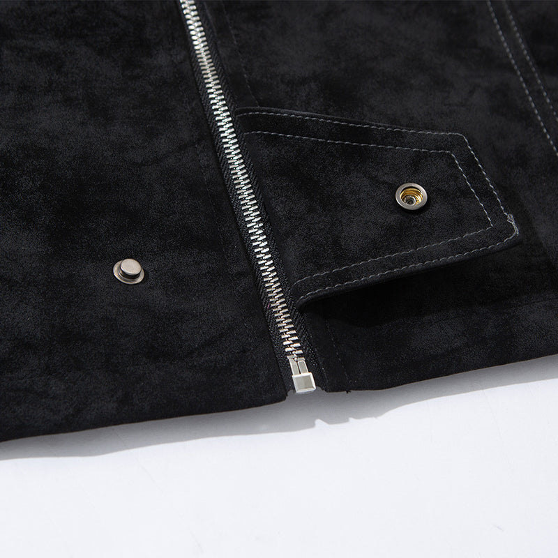 Men's Black Suede-Texture Zip-Up Moto Jacket – Structured Paneling, Stand Collar