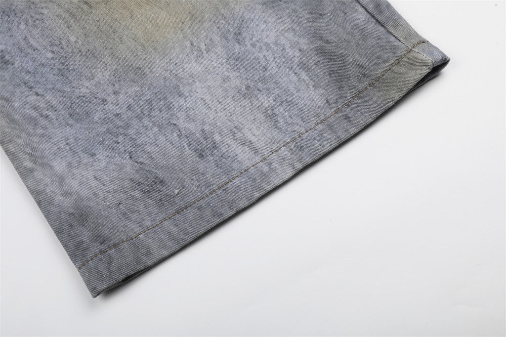 Wide-Leg Distressed Jeans – Digital Print Charms & Ripped Washed Denim