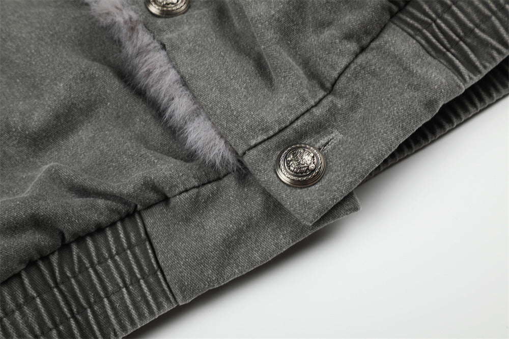 Men's Denim Jacket with Fur Lining – Washed Grey Bomber Jacket