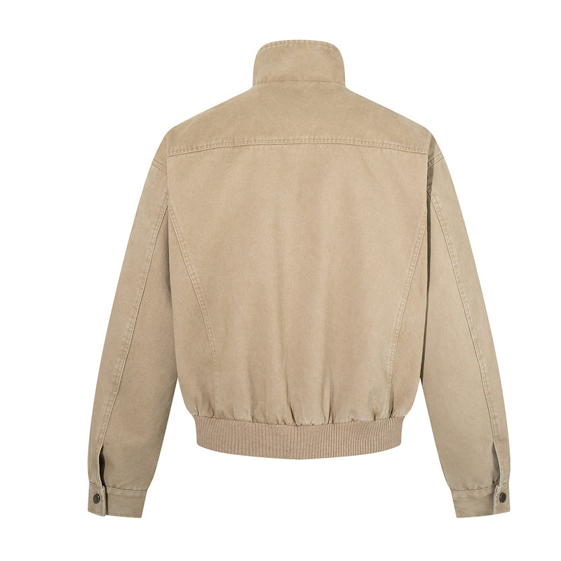 Blouson bomber kaki délavé – Col montant, boutons-pression et poches cargo