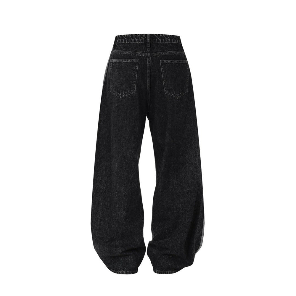 Wide Leg Dad Jeans – Washed Black Denim with Side Stripe Detail