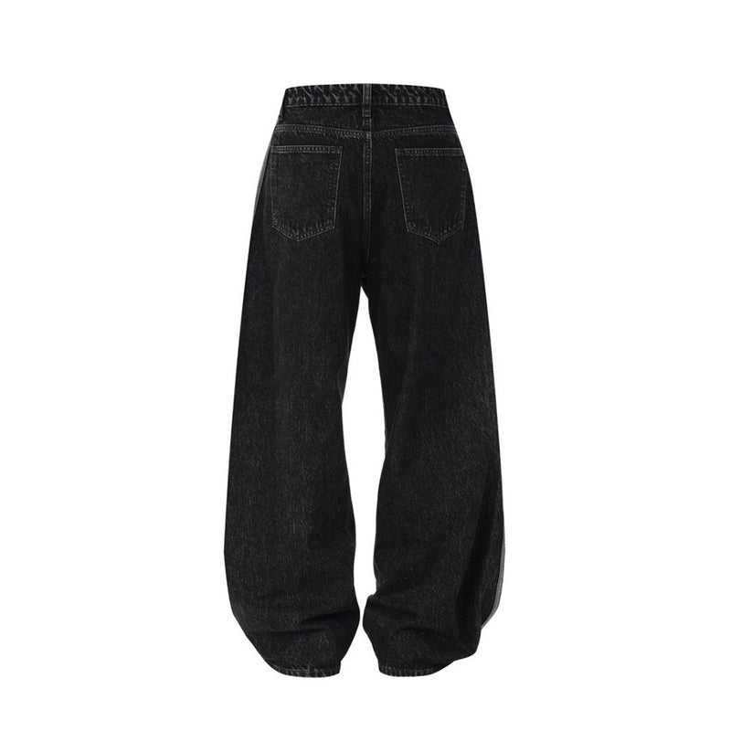 Wide Leg Dad Jeans – Washed Black Denim with Side Stripe Detail