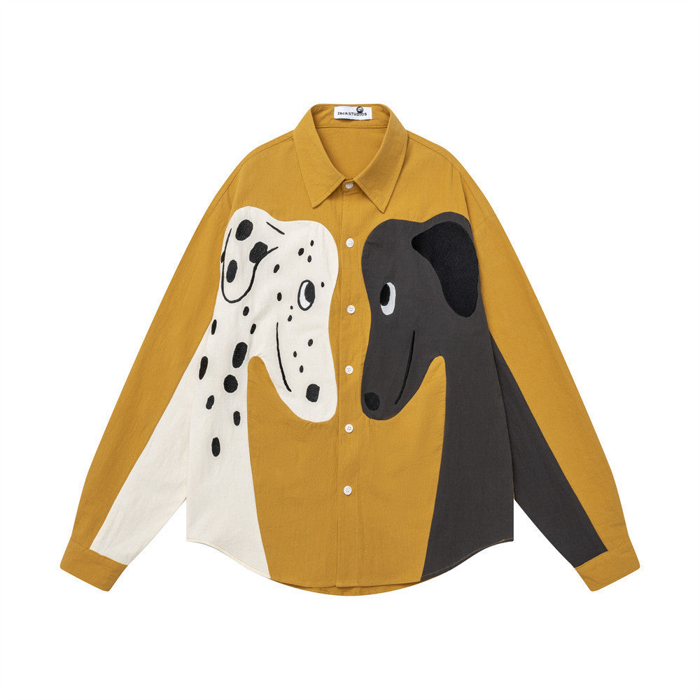 Chemise oversize à manches longues et boutons, avec motif graphique colorblock chien cartoon jaune moutarde et anthracite, vue de face