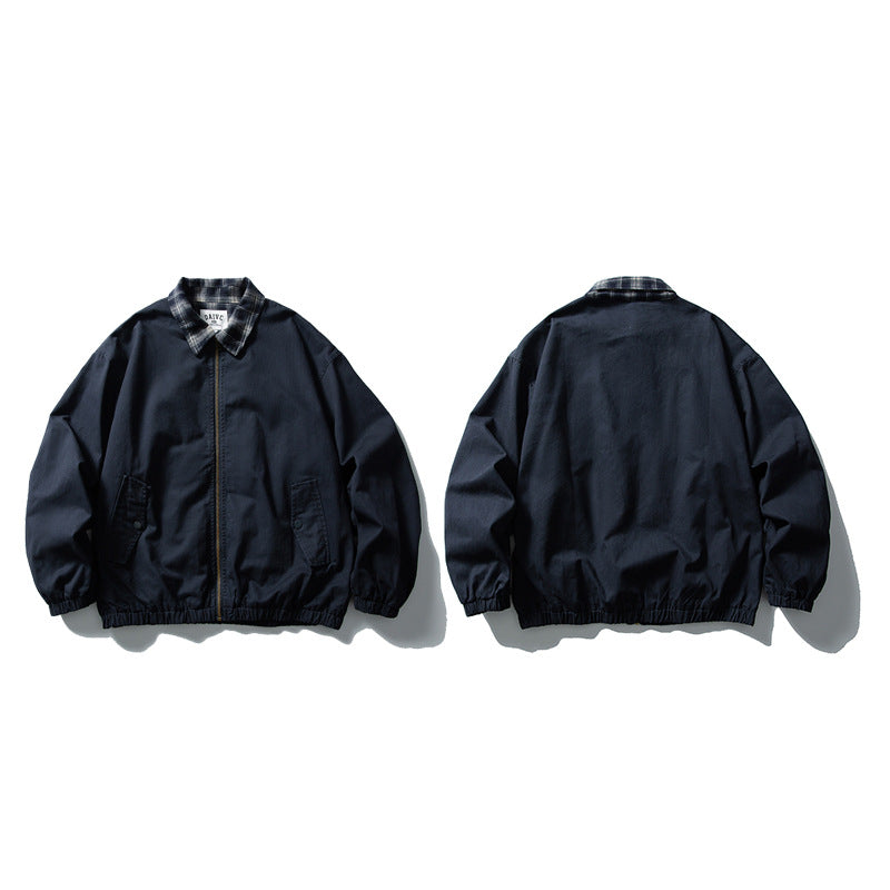 Layered Plaid Collar Bomber Jacket – Relaxed Fit Men's Workwear Zip-Up