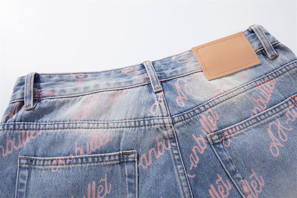 Wide-Leg Jeans with Allover Pink Script Print – Light Blue Washed Denim