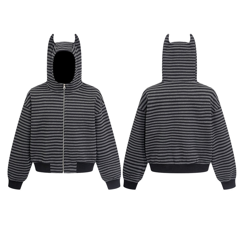 Bat Ear Zip-Up Hoodie – Oversized Dark Stripe Full-Face Mask Hood
