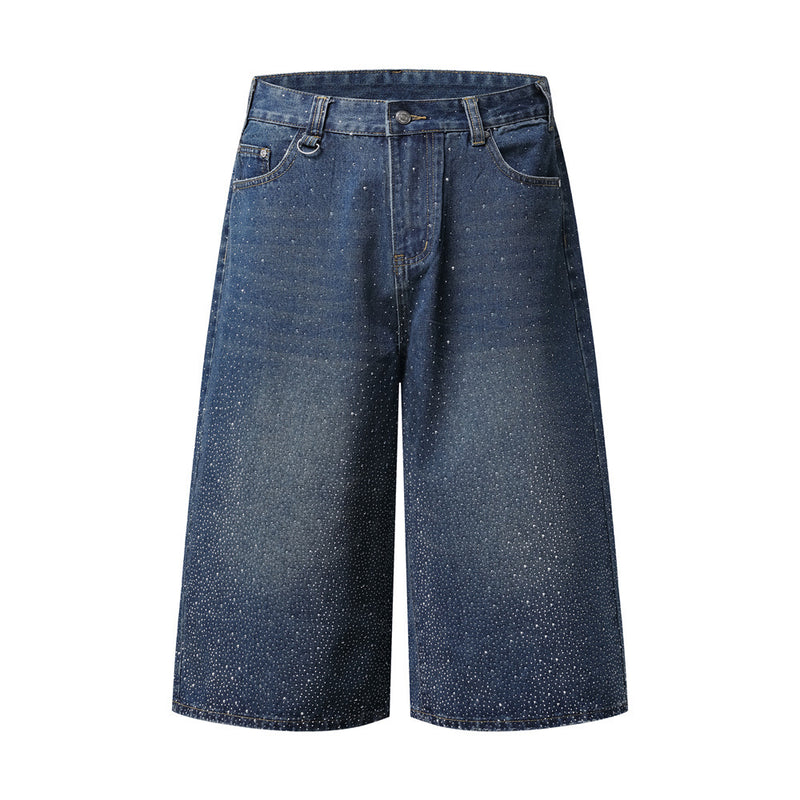 Wide-Leg Rhinestone Denim Shorts – Vintage Washed Straight-Cut Bermuda