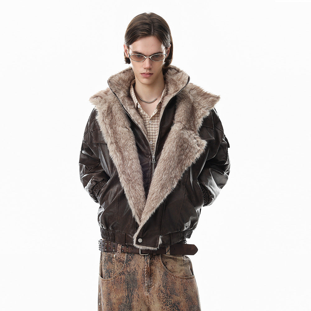 Men's Faux Leather Fur-Lined Bomber Jacket with High Collar & Asymmetric Placket