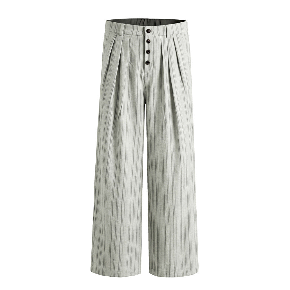 Pantalones de pierna ancha de rayas con pinzas – Corte relajado y cierre frontal de botones