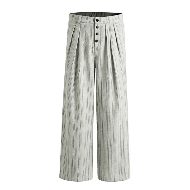 Pantalones de pierna ancha de rayas con pinzas – Corte relajado y cierre frontal de botones