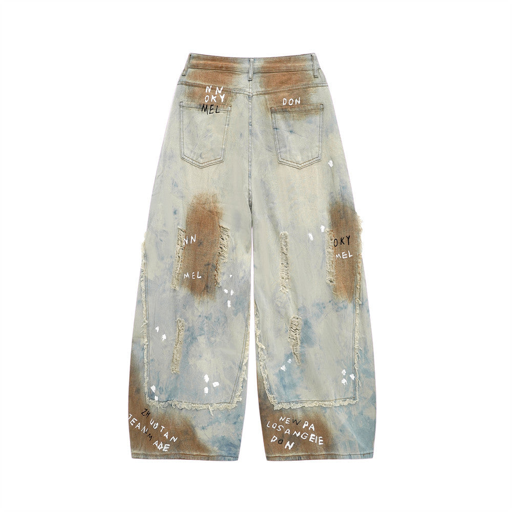 Distressed Graffiti Wide-Leg Jeans – Vintage Washed Ripped Baggy Denim