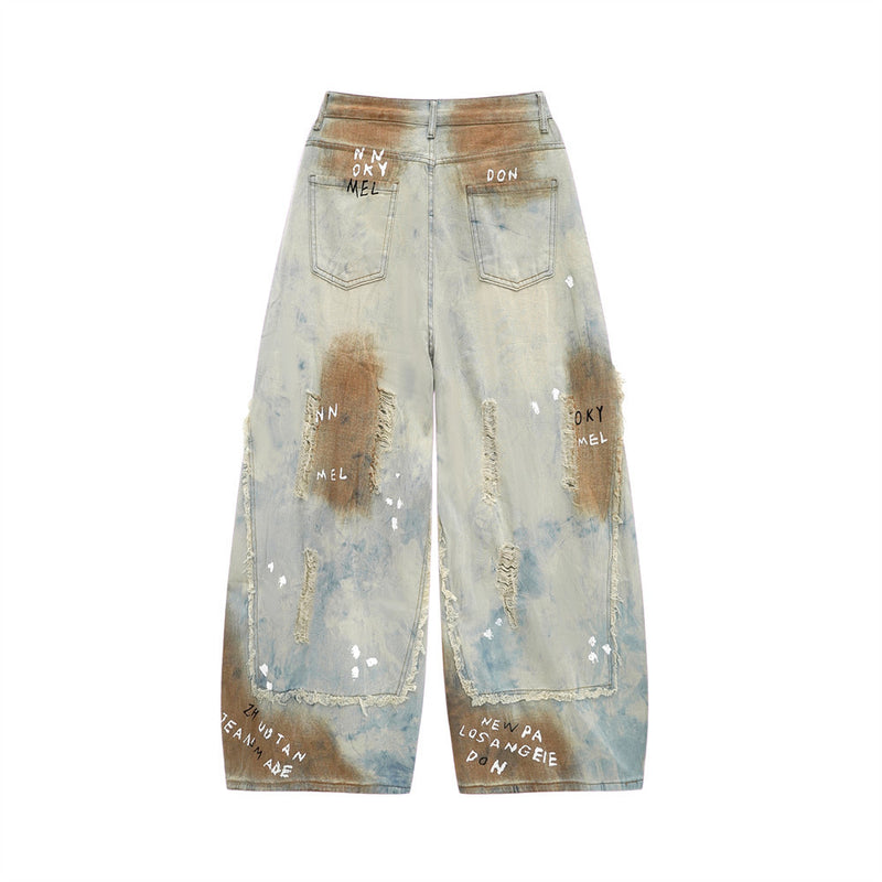 Distressed Graffiti Wide-Leg Jeans – Vintage Washed Ripped Baggy Denim