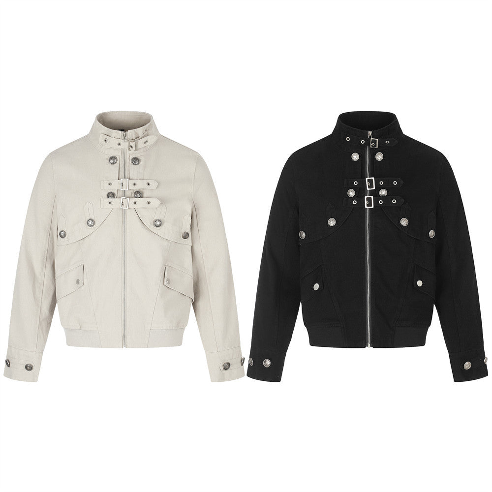 Men's Military-Inspired Short Jacket with Stand Collar, Buckle Straps & Button