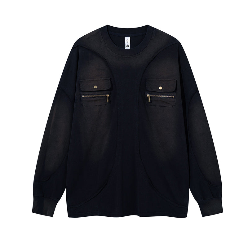 Sweat-shirt oversize à manches longues et poches cargo – Style américain vintage délavé