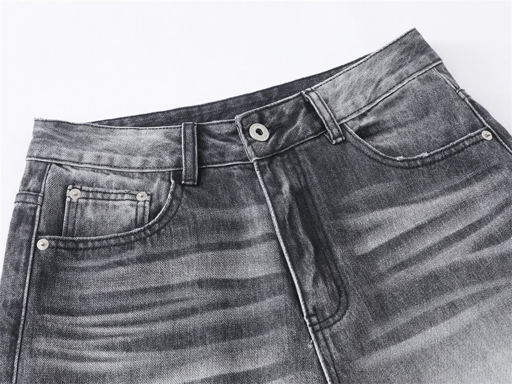 Wide-Leg Jeans Men's Washed Grey Vintage Distressed Baggy Denim Pants