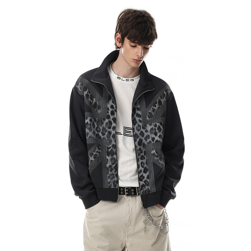 Union Jack Leopard Print Zip-Up Track Jacket – Oversized Fit