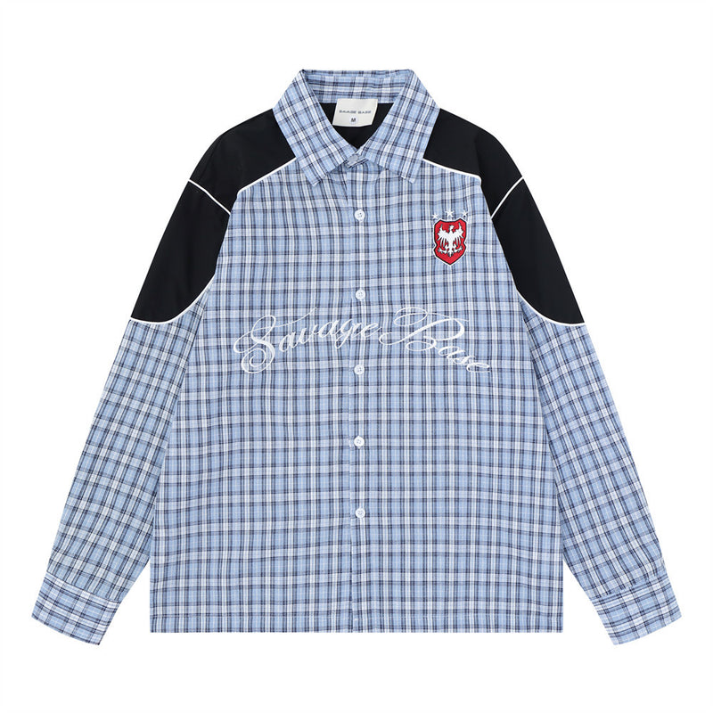 Plaid Long Sleeve Shirt with Colorblock Black Shoulder Panel and Crest