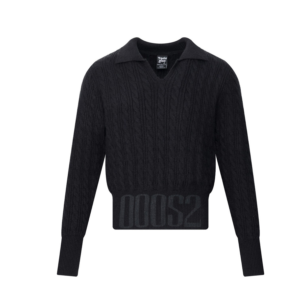 Dark grey cable knit cropped sweater with open polo collar, V-neckline, and tonal logo jacquard hem band, front and back view