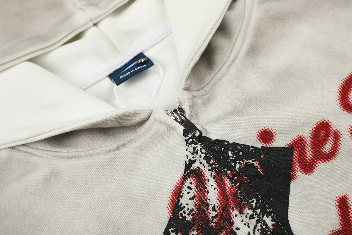 Sudadera desgastada con cremallera, gráfico de cruz y estampado de letras