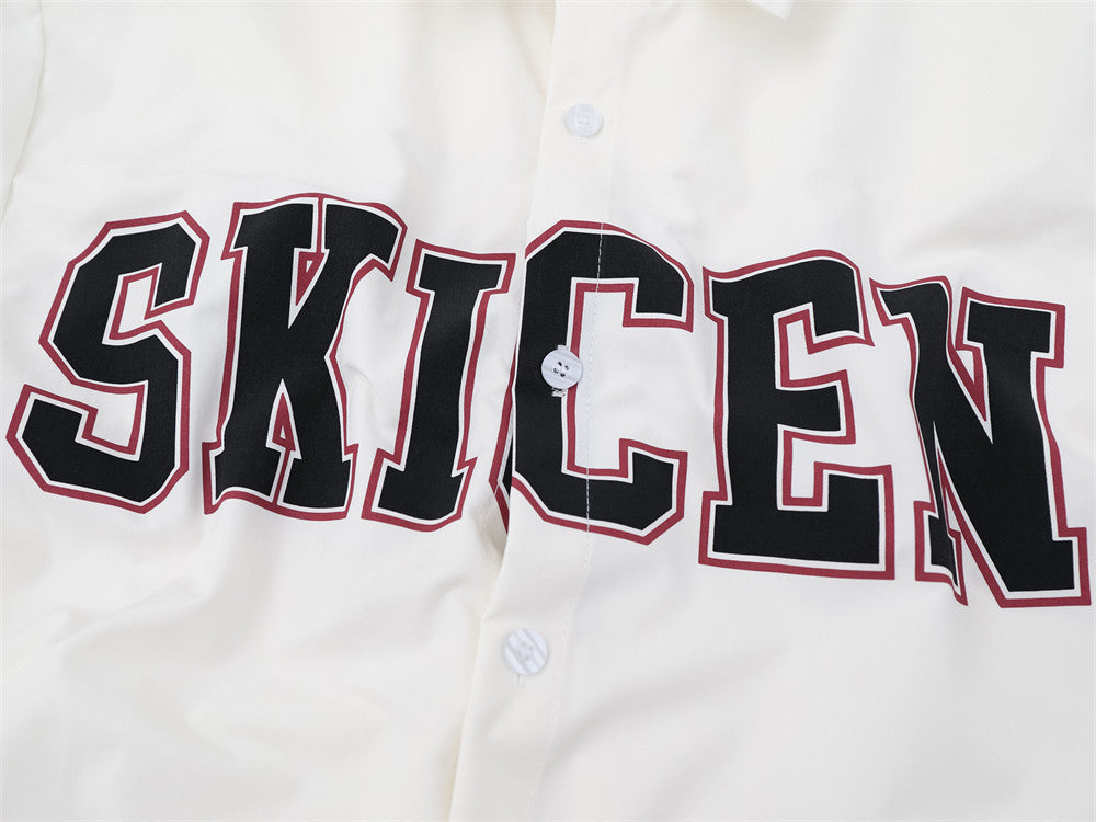 Varsity Letter Print Oversized Long Sleeve Button-Up Shirt