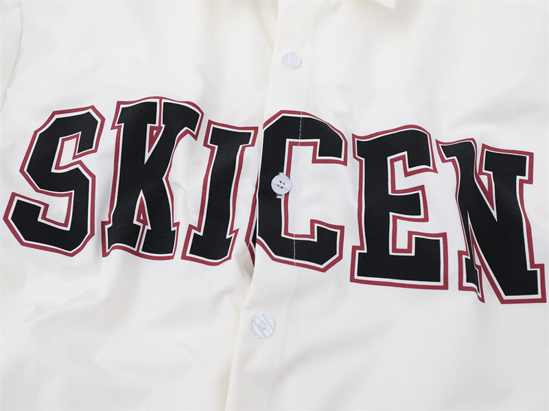 Varsity Letter Print Oversized Long Sleeve Button-Up Shirt