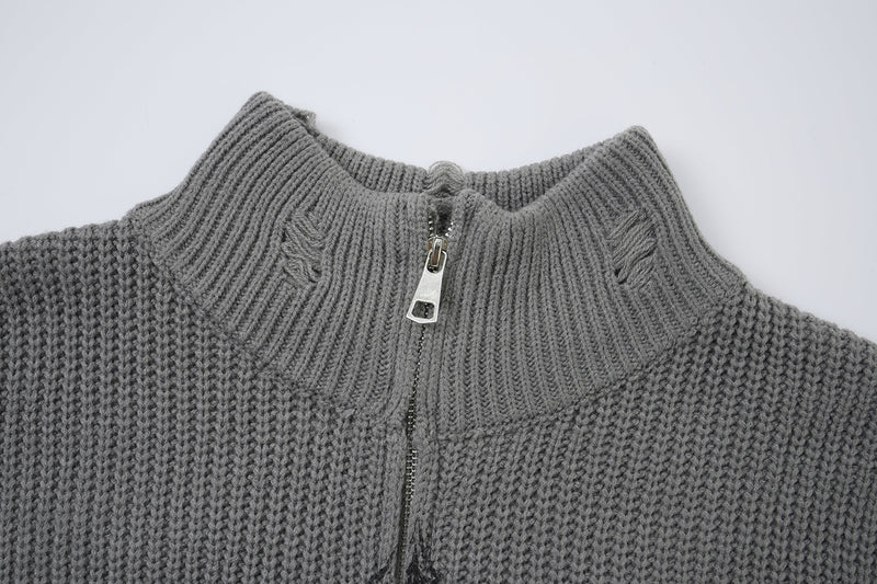 Pull zippé en maille à motif gothique – Col montant punk sombre Abyss Whisper