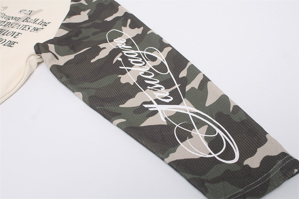 Long Sleeve Waffle Knit Shirt – Camo Raglan Sleeves & Graphic Print