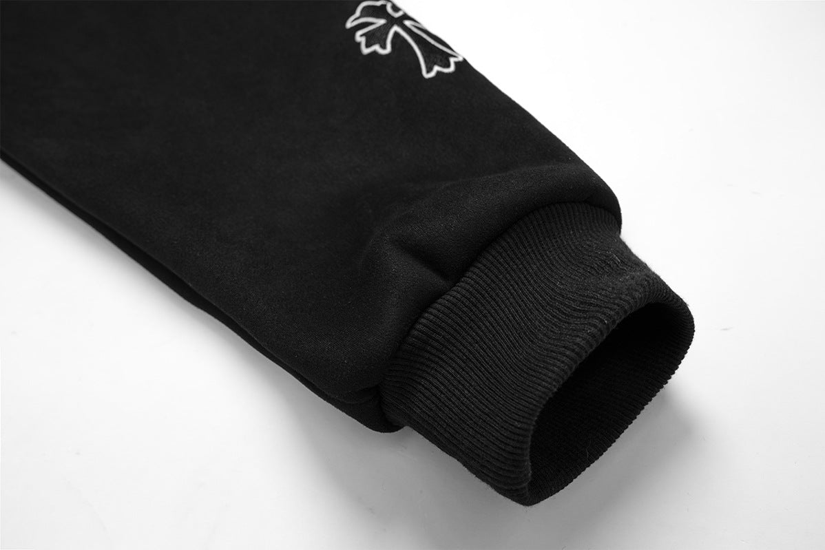 Black Gothic Cross Embroidered Zip-Up Hoodie with Faux Fur Hood Trim