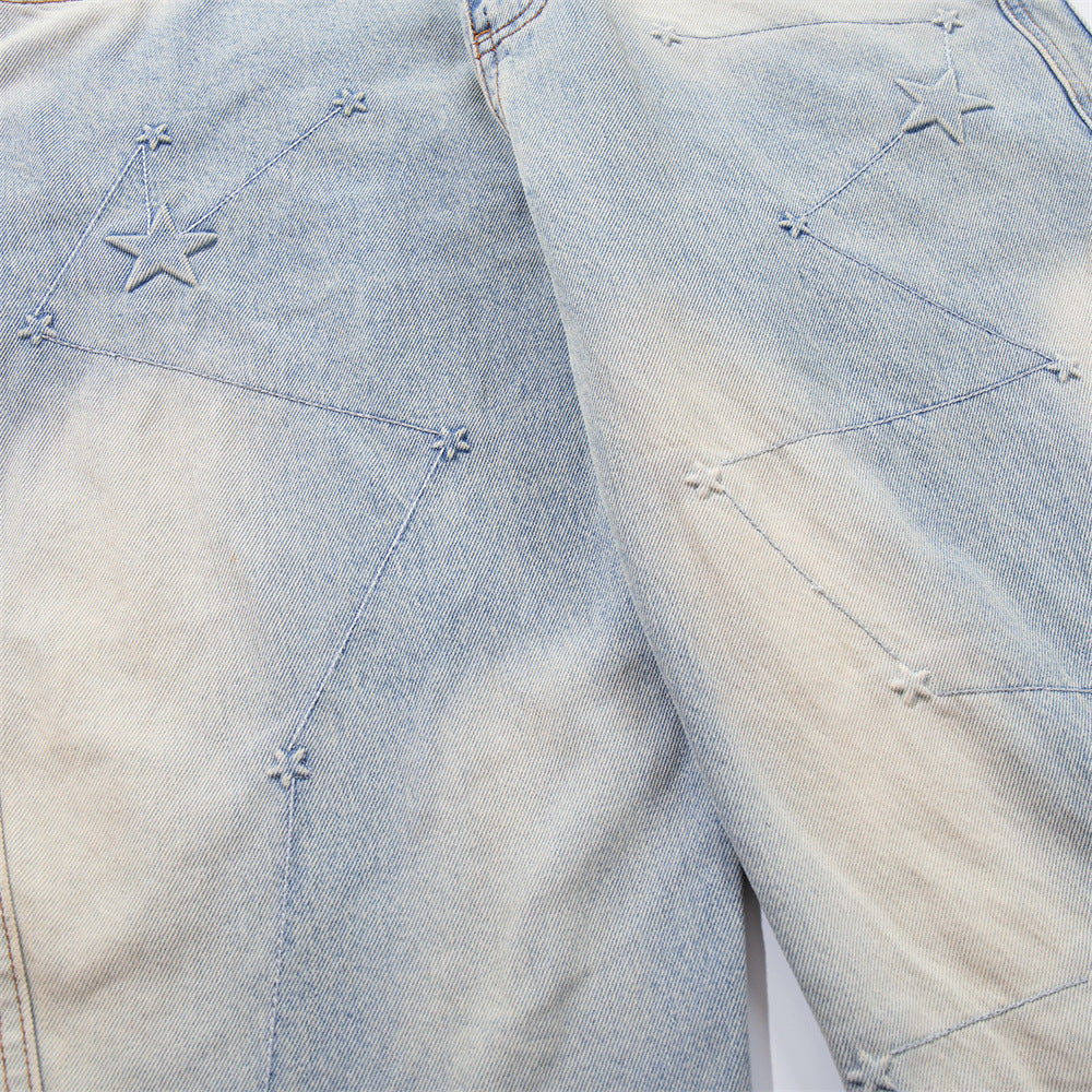 Star Embroidery Wide-Leg Jeans – Vintage Washed Baggy Denim
