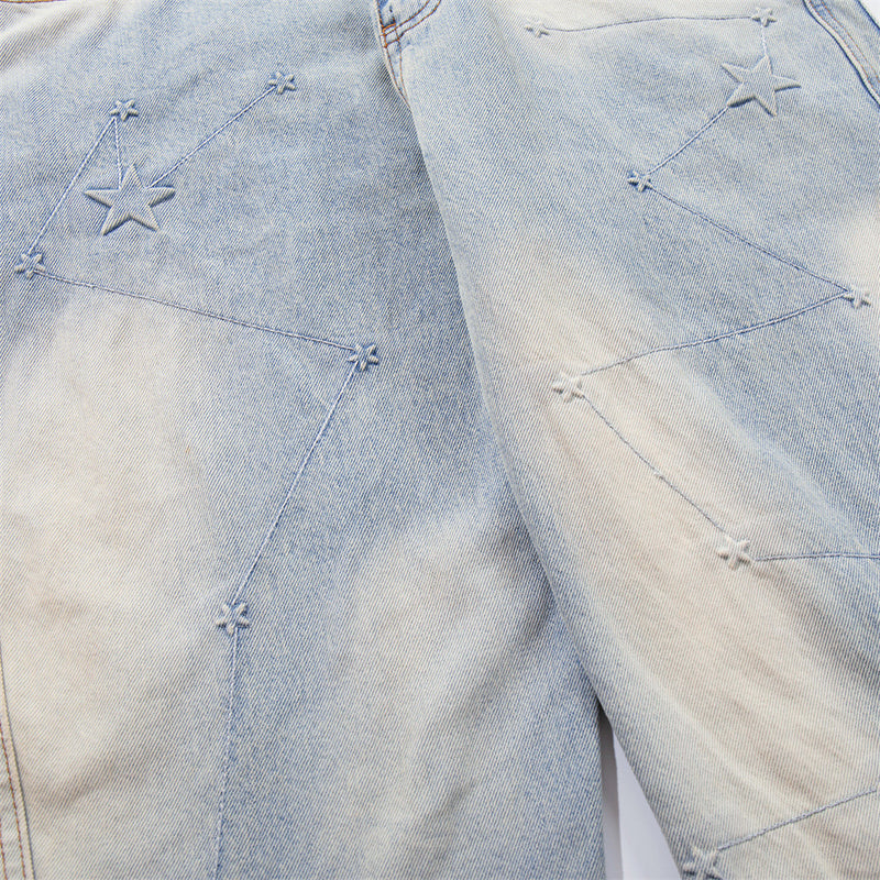 Star Embroidery Wide-Leg Jeans – Vintage Washed Baggy Denim