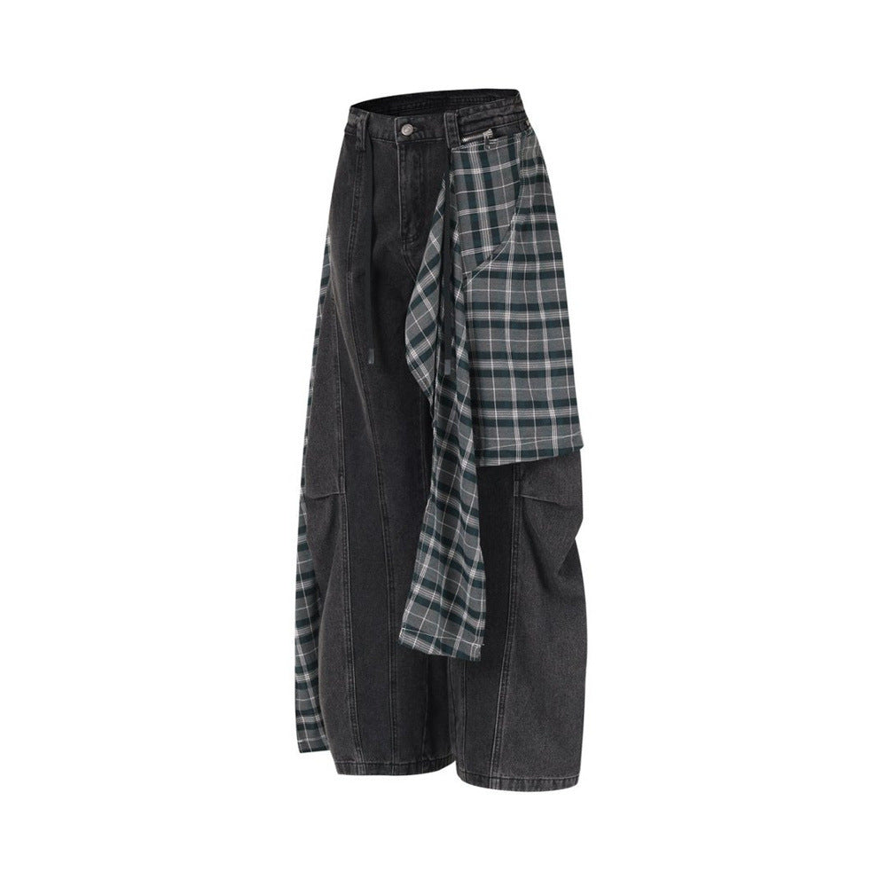Wide-Leg Jeans with Detachable Plaid Skirt Overlay — Deconstructed Punk