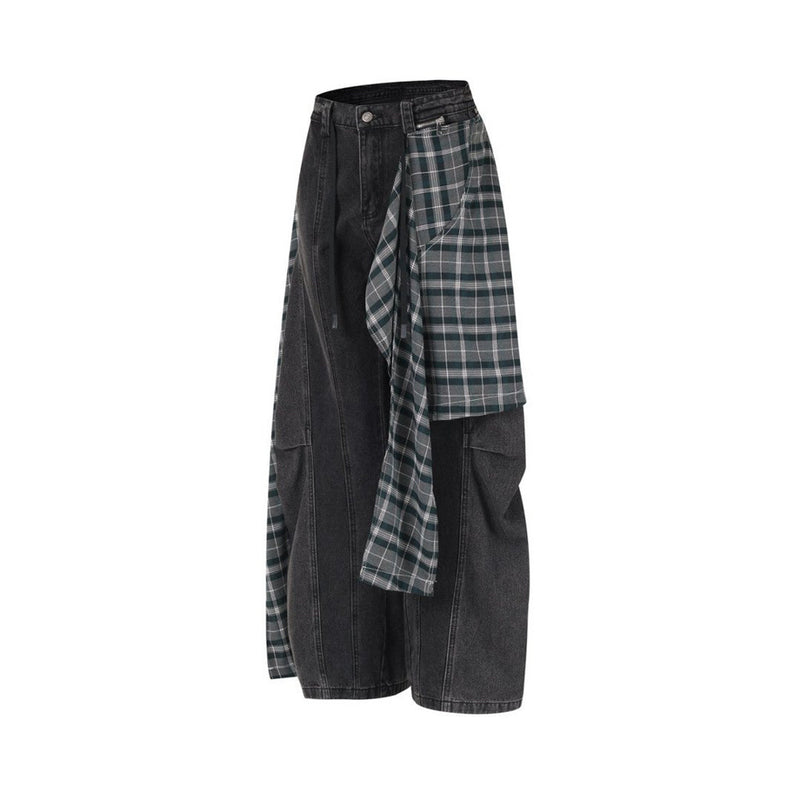 Wide-Leg Jeans with Detachable Plaid Skirt Overlay — Deconstructed Punk