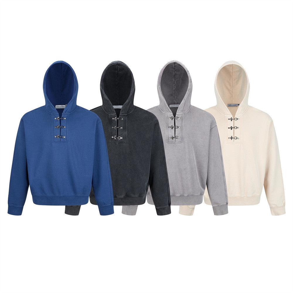 Men's oversized washed fleece pullover hoodie with silver metal toggle clasp front placket in four colorways