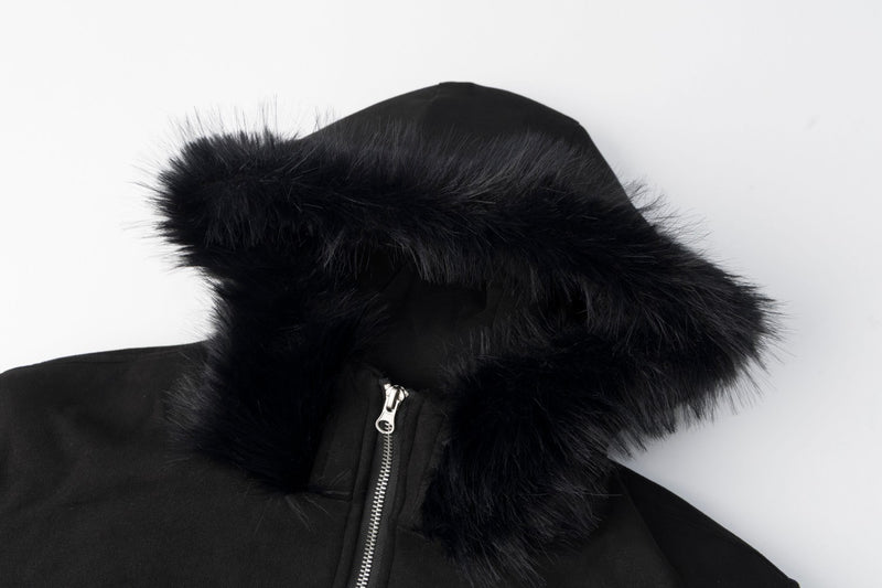 Black Fur-Trim Hooded Bomber Jacket with Arrow Appliqué Sleeves