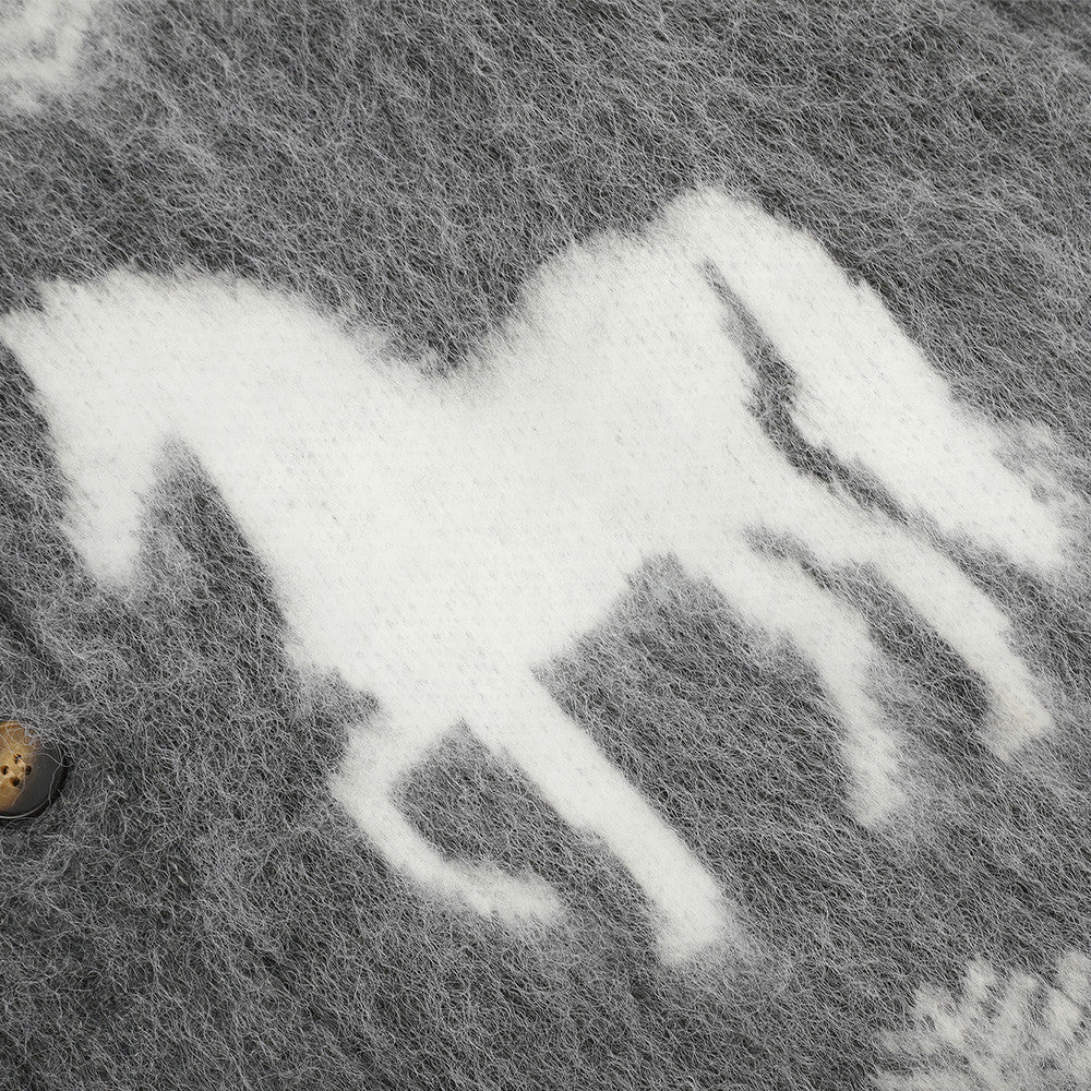 Cárdigan de Punto Jacquard con Caballos – Jersey Oversize de Punto Fair Isle con Botones