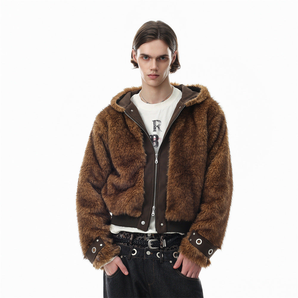 Brown faux fur hooded bomber jacket with PU leather zip placket and metal eyelet cuff straps, front and back view
