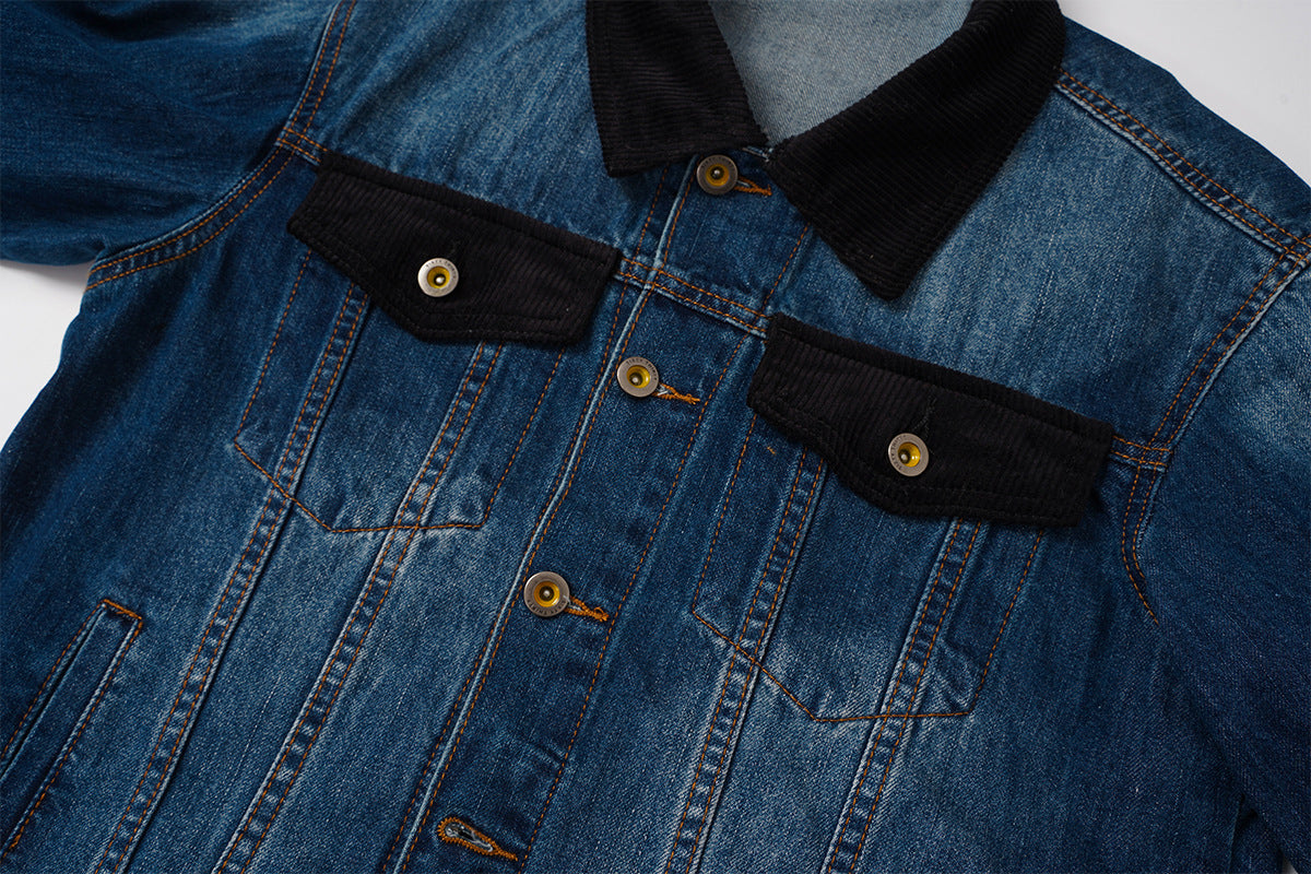Veste en jean homme délavée avec col et poignets en velours côtelé