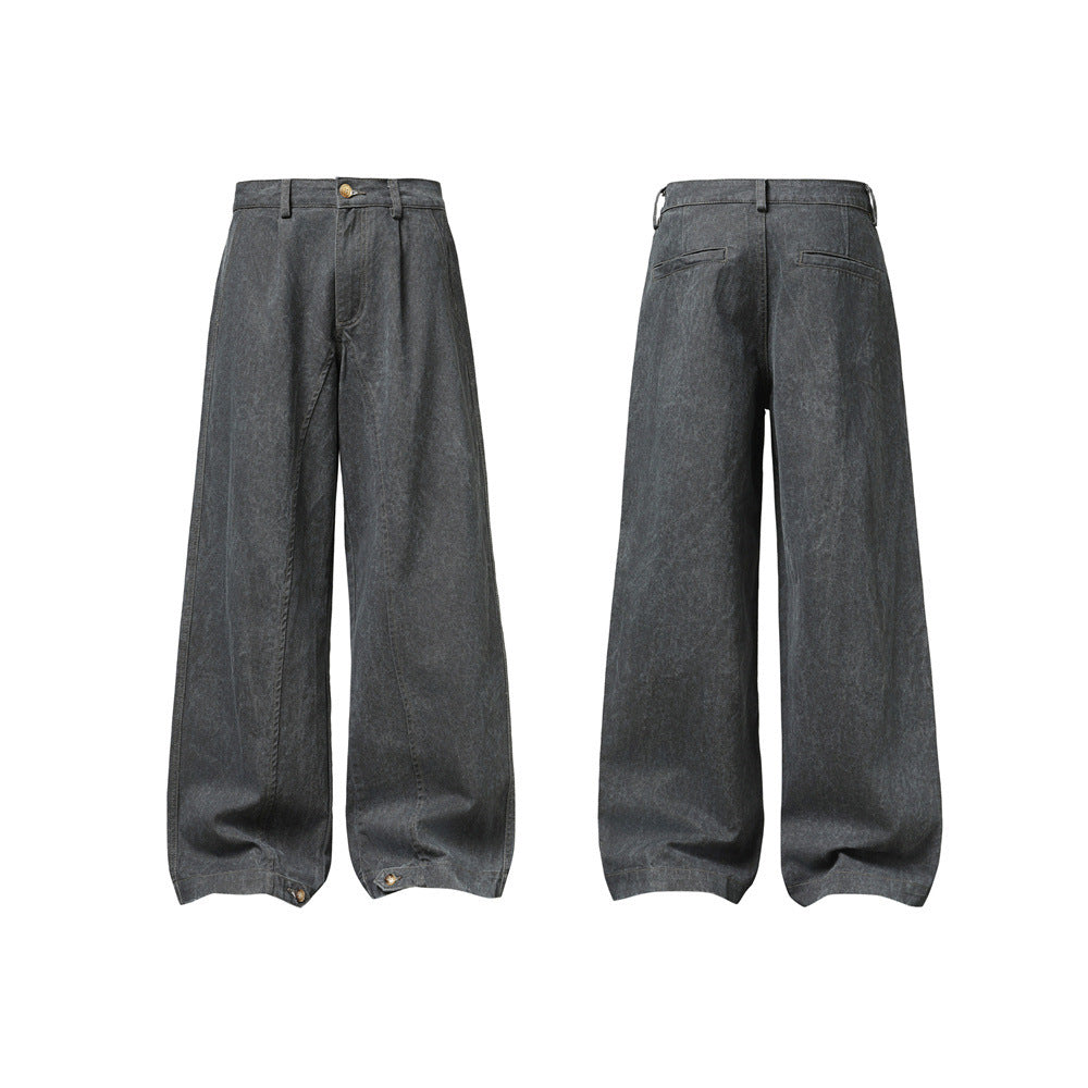 Wide-Leg Washed Denim Jeans – Relaxed High-Street Pleated Trousers