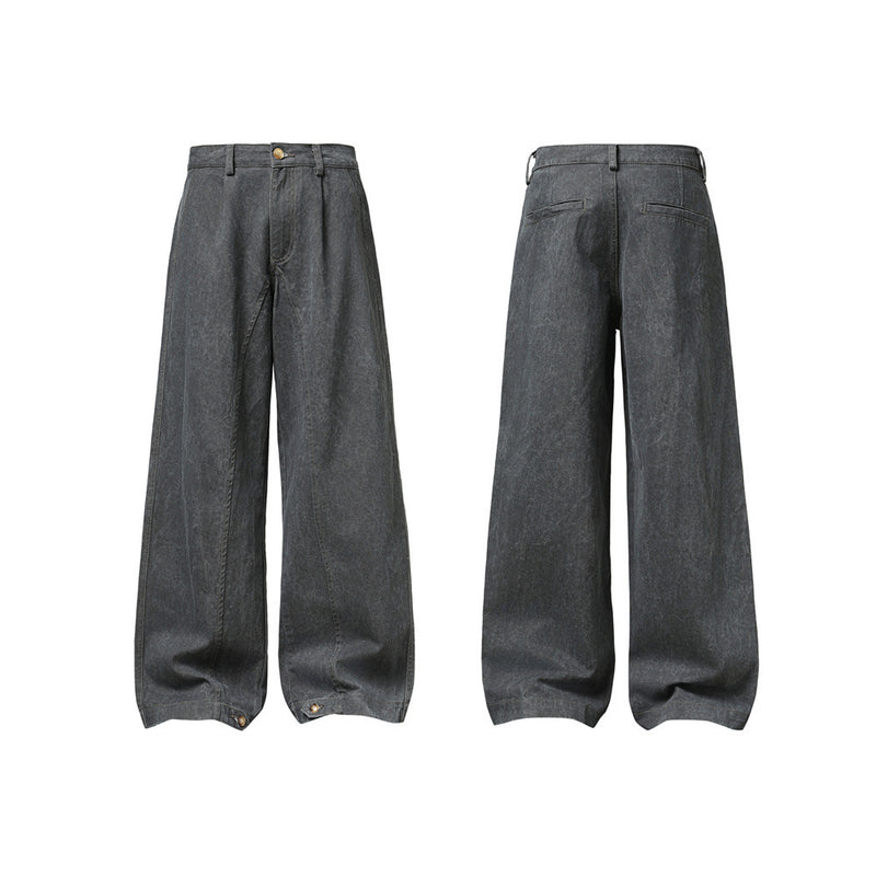 Wide-Leg Washed Denim Jeans – Relaxed High-Street Pleated Trousers